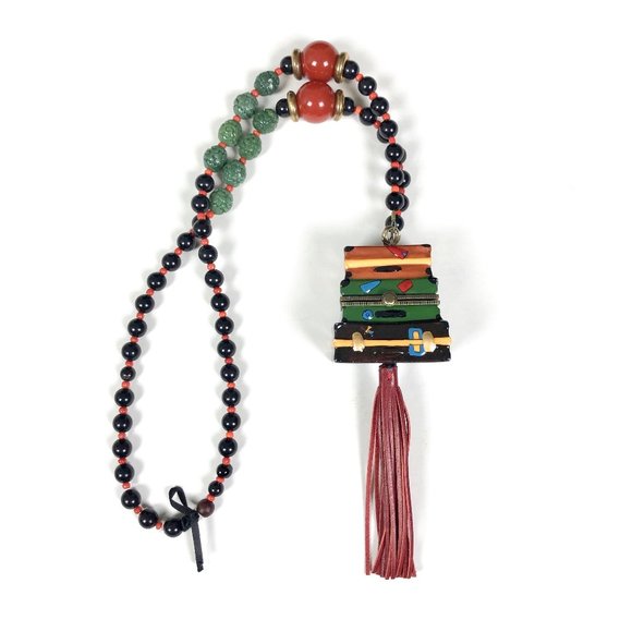 Necklace w Porcelain Stacked Suitcase Box Pendant - Picture 1 of 5